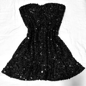 black sequin strapless tube mini dress